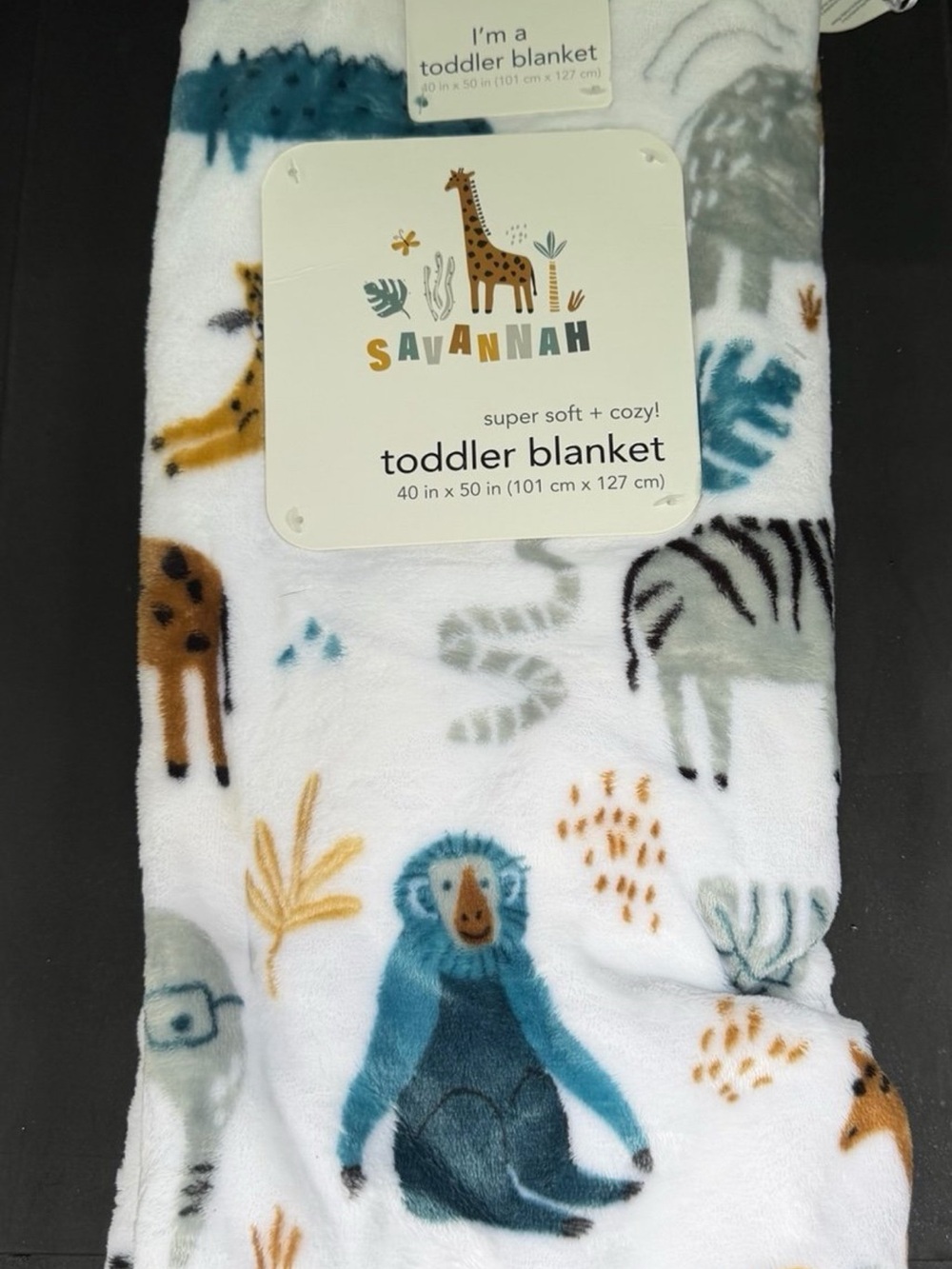 Savannah Toddler Blanket - White, Blue, Brown Animal Print